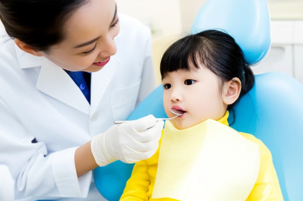 어린이 전문 치과의사가 아이의 치아를 검진하는 모습
