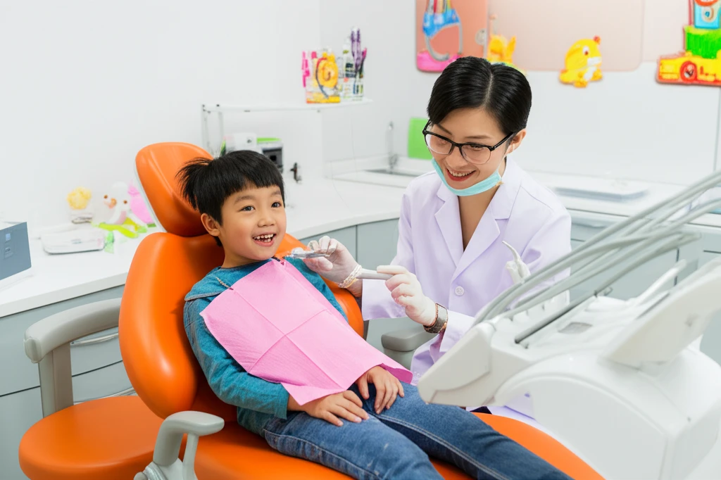 소아치과 전문의가 아이의 치아를 진찰하는 모습