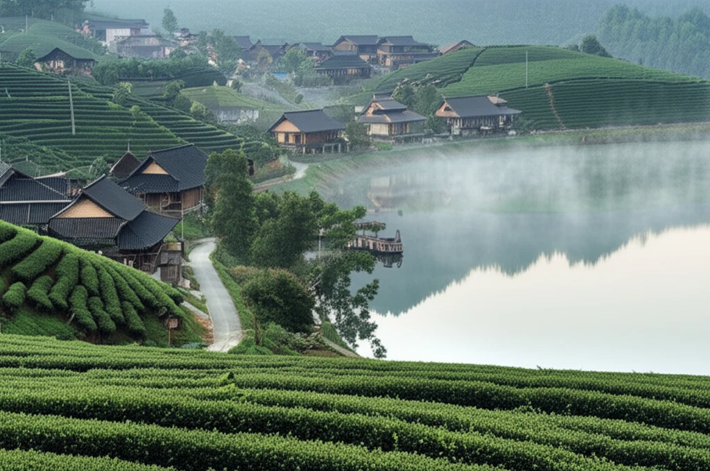 반 락 타이 마을의 차밭과 호수