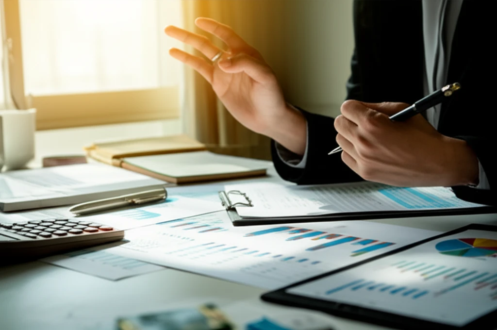 대출 상담을 받는 사람과 다양한 금융 상품 아이콘