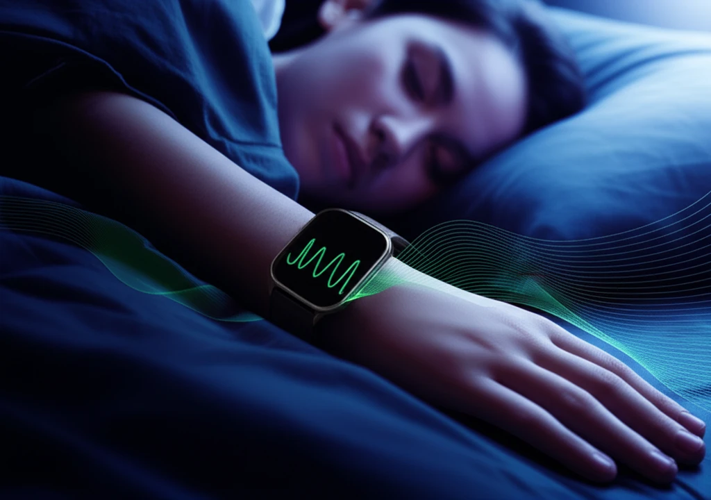러닝워치의 PPG 센서와 액셀로미터가 수면 데이터를 수집하는 개념도