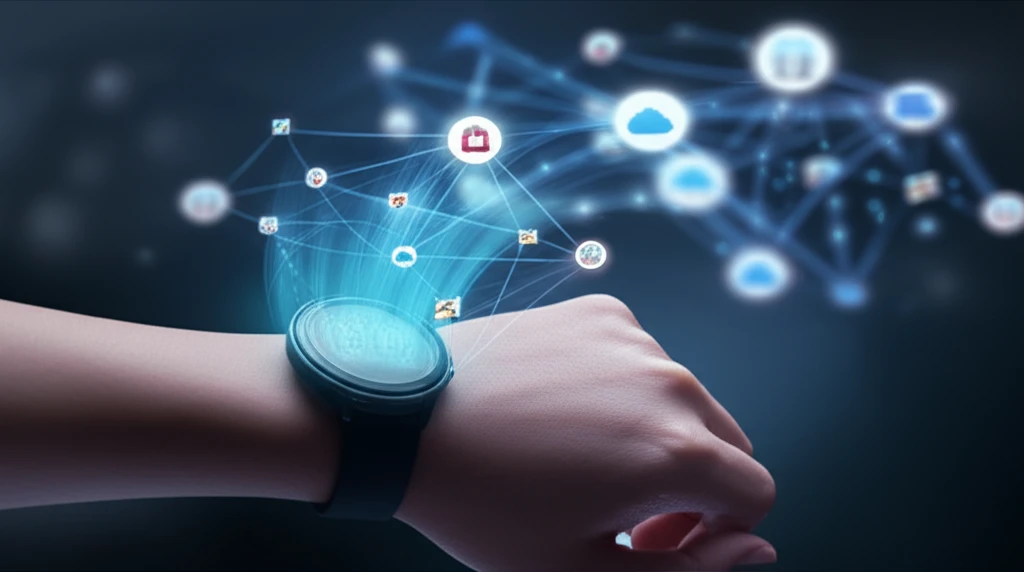 러닝워치와 여러 앱 아이콘이 연결되어 데이터가 확산되는 개념도