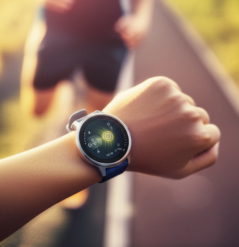 러닝워치가 GPS 신호를 수신하며 다양한 경로에서 거리를 측정하는 개념도