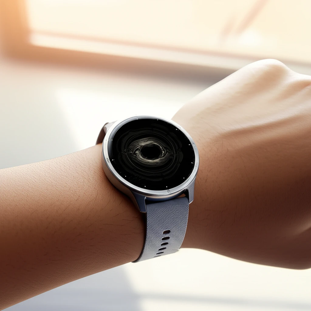 러닝워치를 올바르게 착용한 모습. 손목에 적당히 밀착되어 있으며, 너무 꽉 조이지 않았습니다.