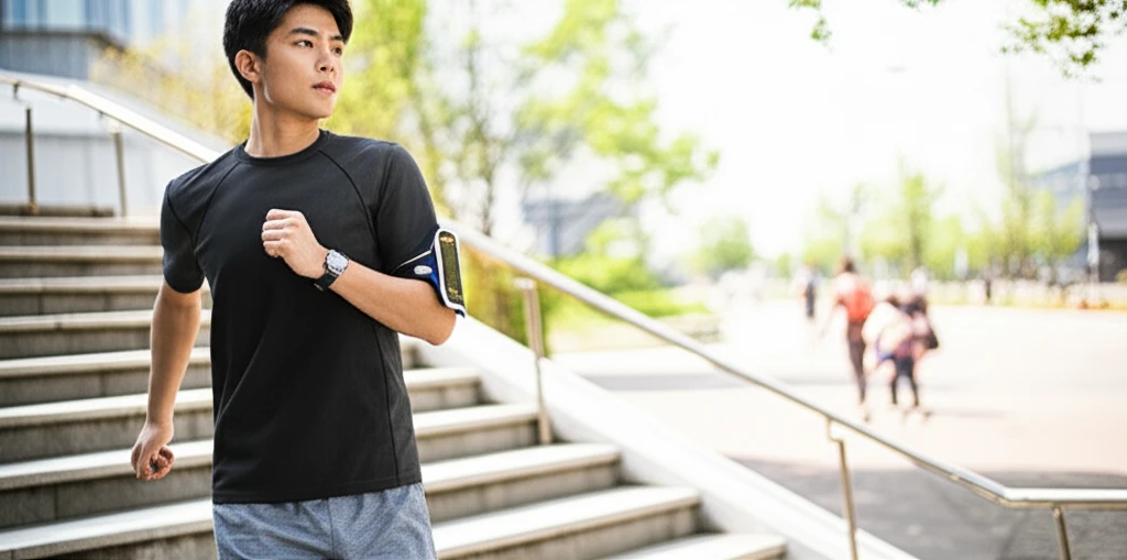 러닝워치 데이터를 보며 데스크에서 스트레칭하는 사람